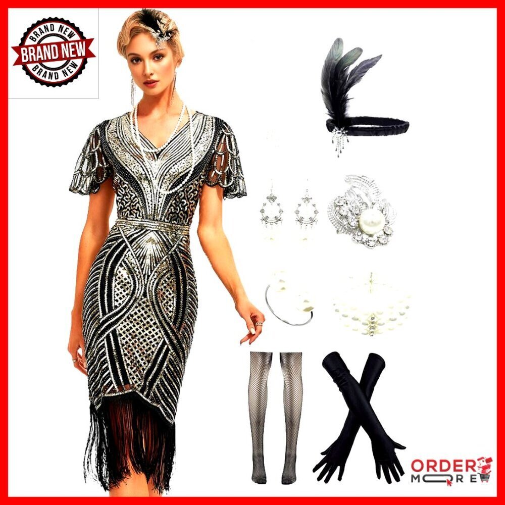 Sequin Beaded Fringe Flapper Dress with Accessories Set for Gatsby Party